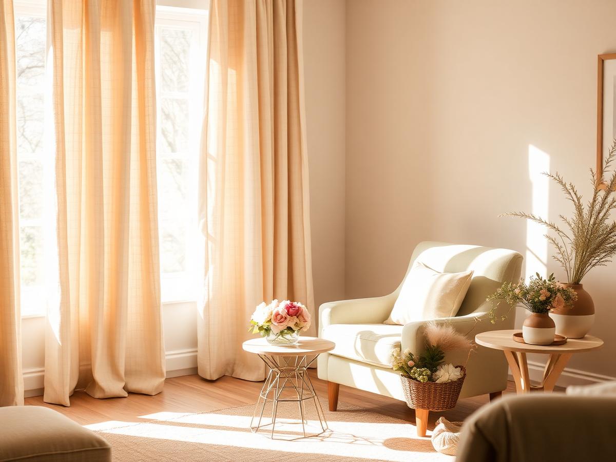 A warm sunlit sitting room with a sage armchair and fresh flowers