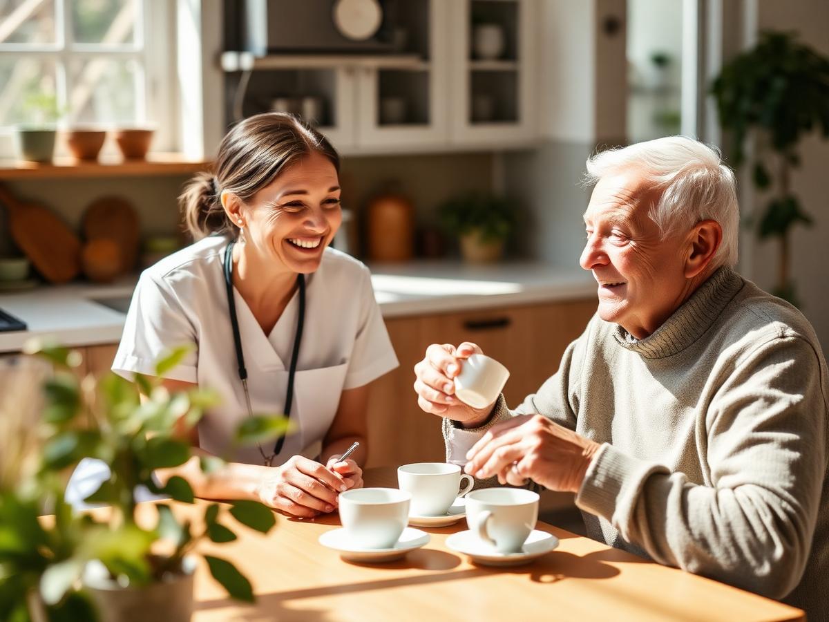 A caregiver and elderly client sharing tea at a sunlit kitchen table